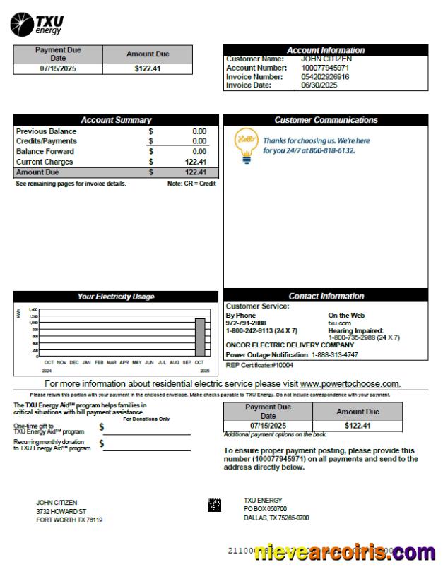 USA TXU Energy utility bill, version 2
